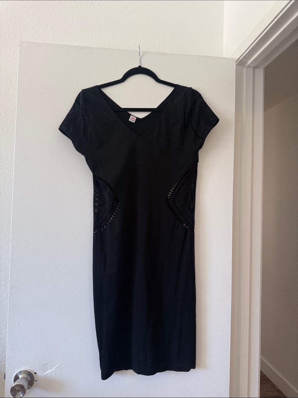 Black V-Neck Short Sleeve Dress With Side Crochet Panels